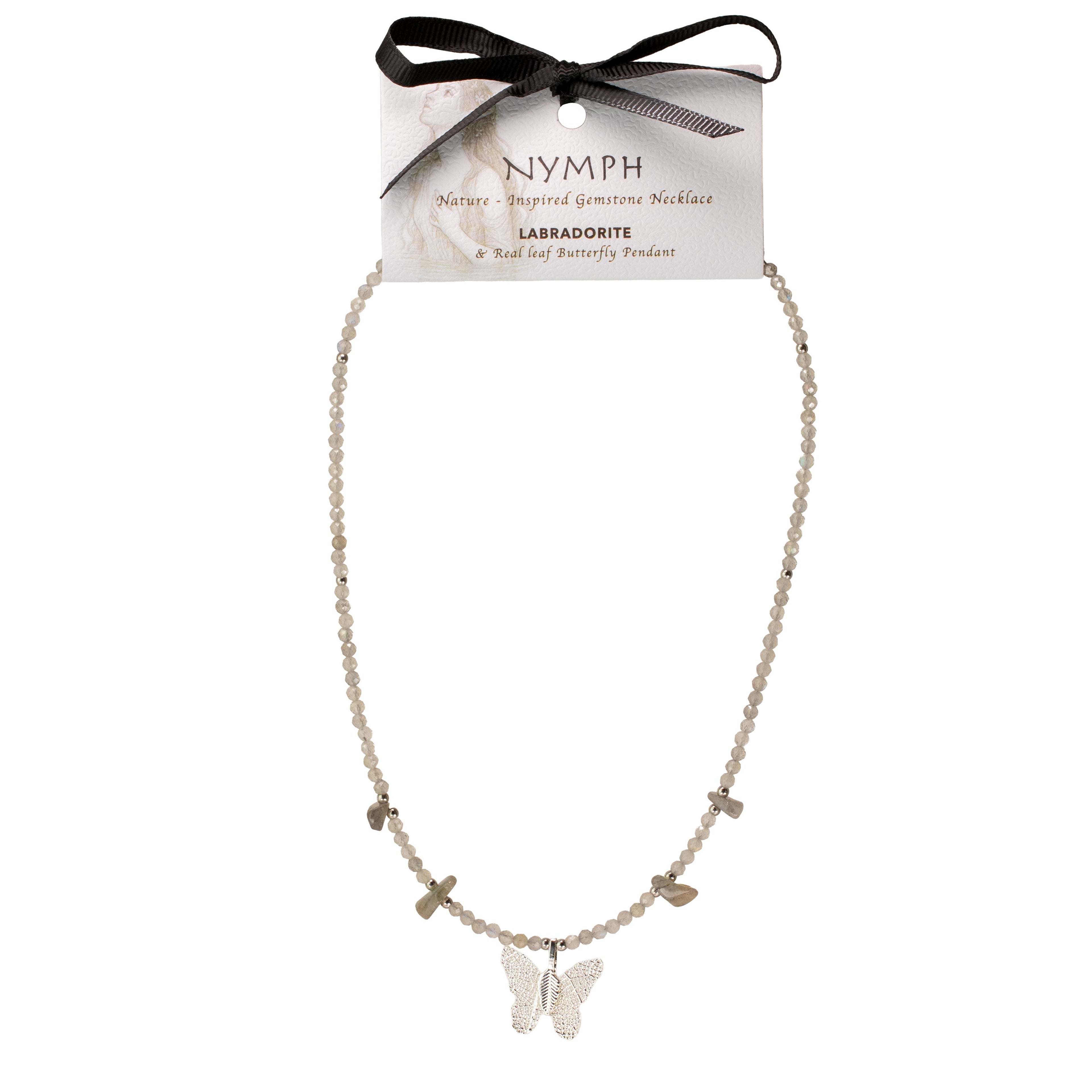 Collar de gema de labradorita Ninfa con colgante de mariposa de hoja real