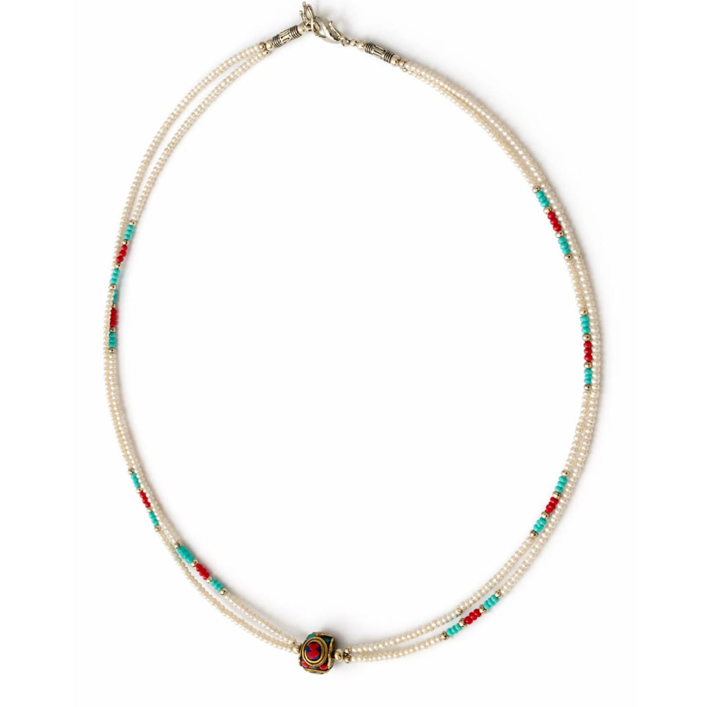 Collar nepalí extrafino de dos vueltas - Colgante de perla y turquesa