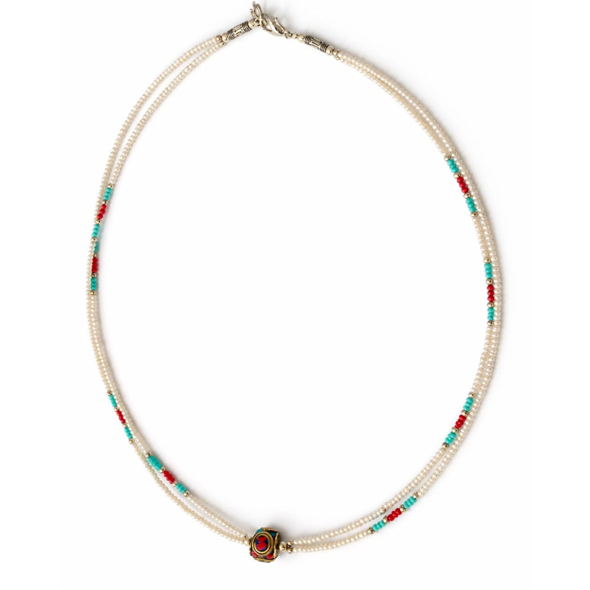 Collar nepalí extrafino de dos vueltas - Colgante de perla y turquesa