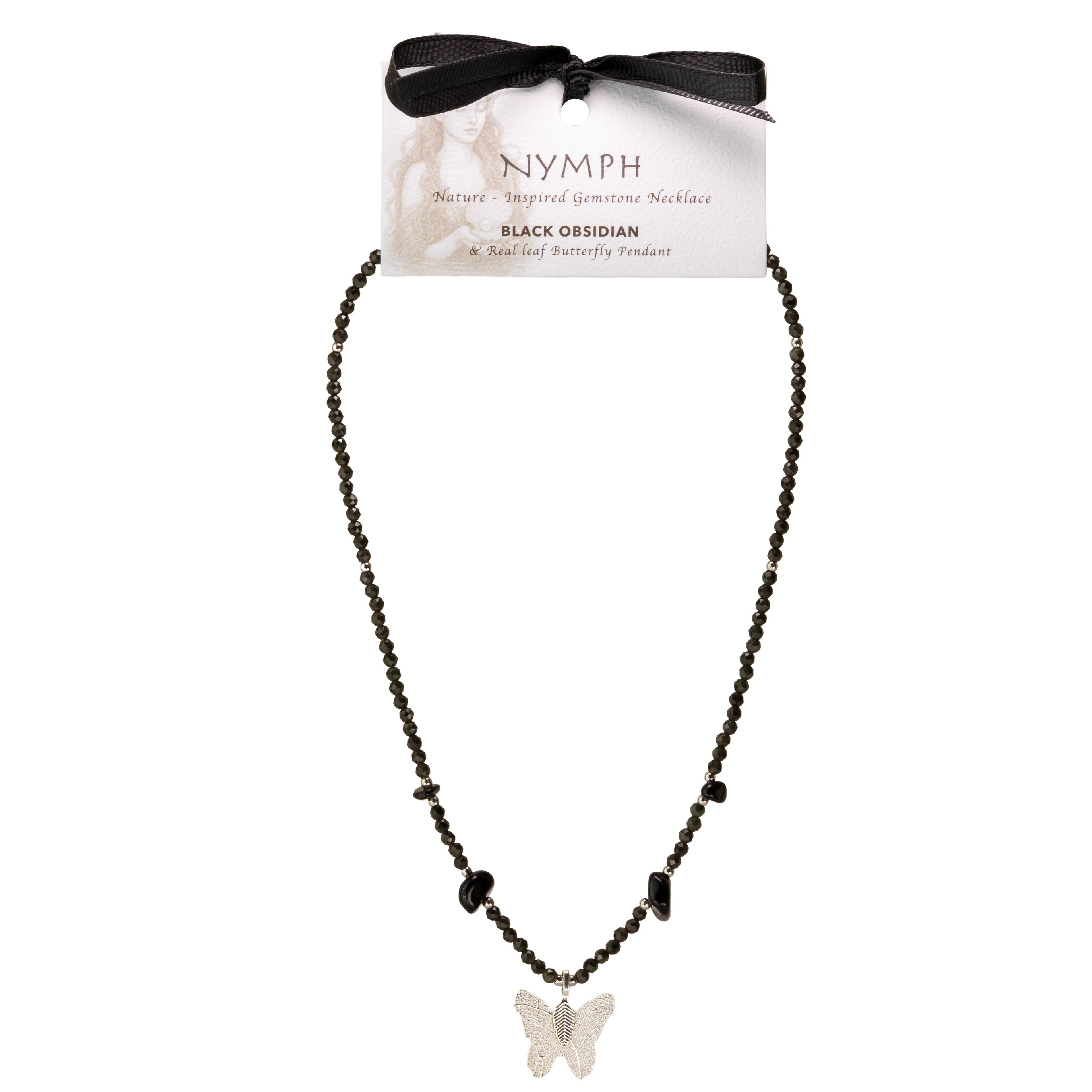 Collar de gema de obsidiana negra ninfa con colgante de mariposa hecho de una hoja real
