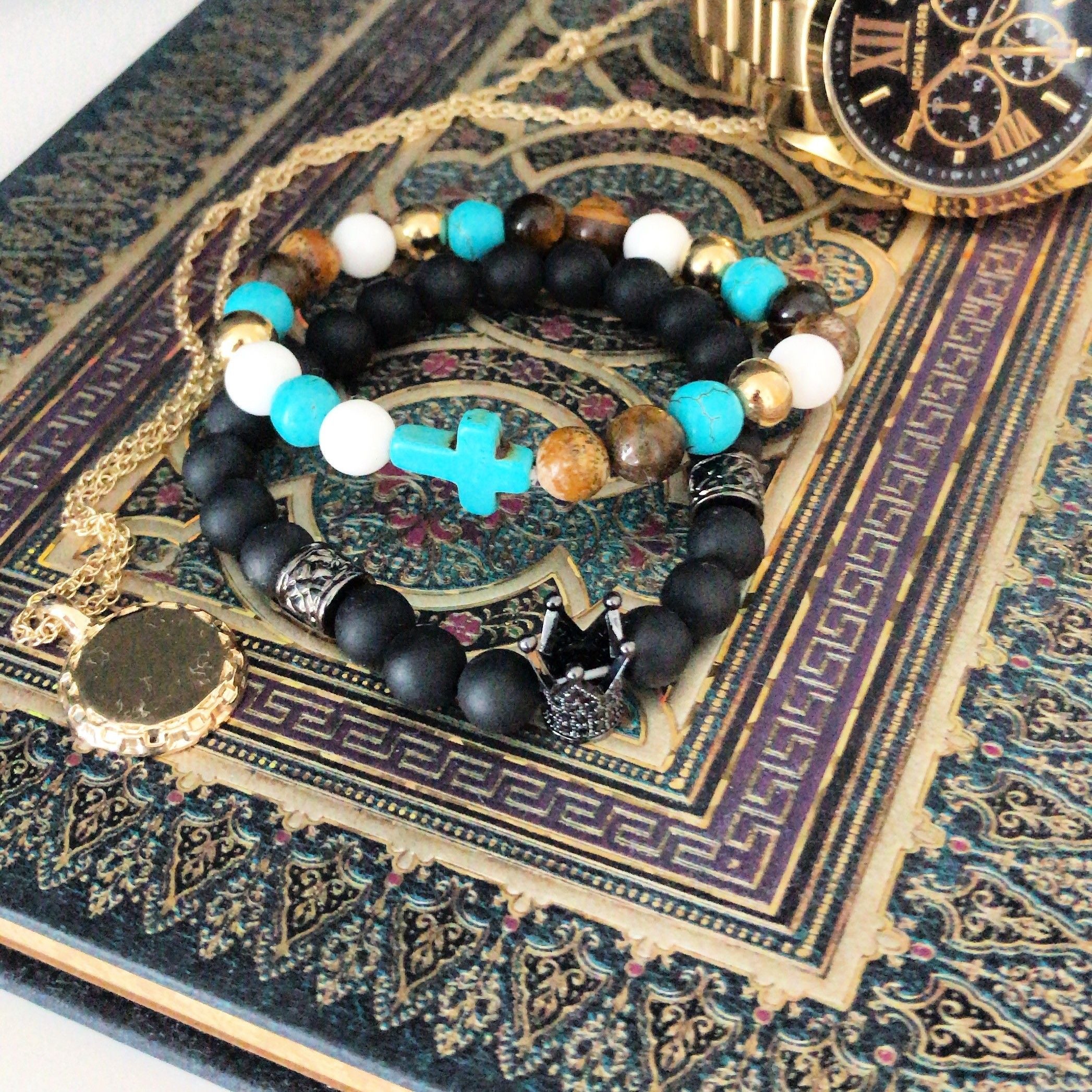 Ala de ángel / Ágata negra - Pulsera de piedras preciosas