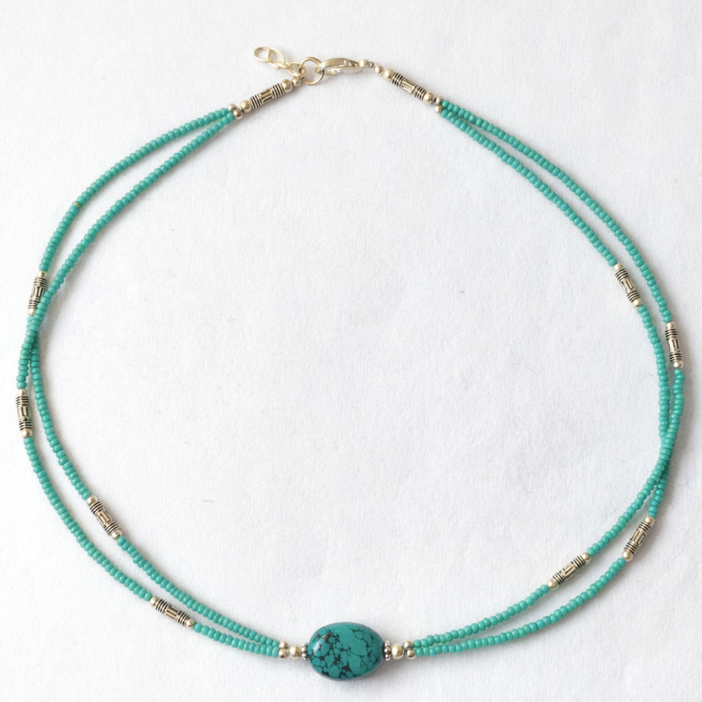 Collar nepalí extrafino de dos líneas - Colgante de turquesa y lapislázuli