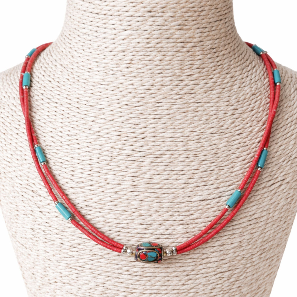 Collar nepalí extrafino de dos líneas - Colgante rosa y turquesa