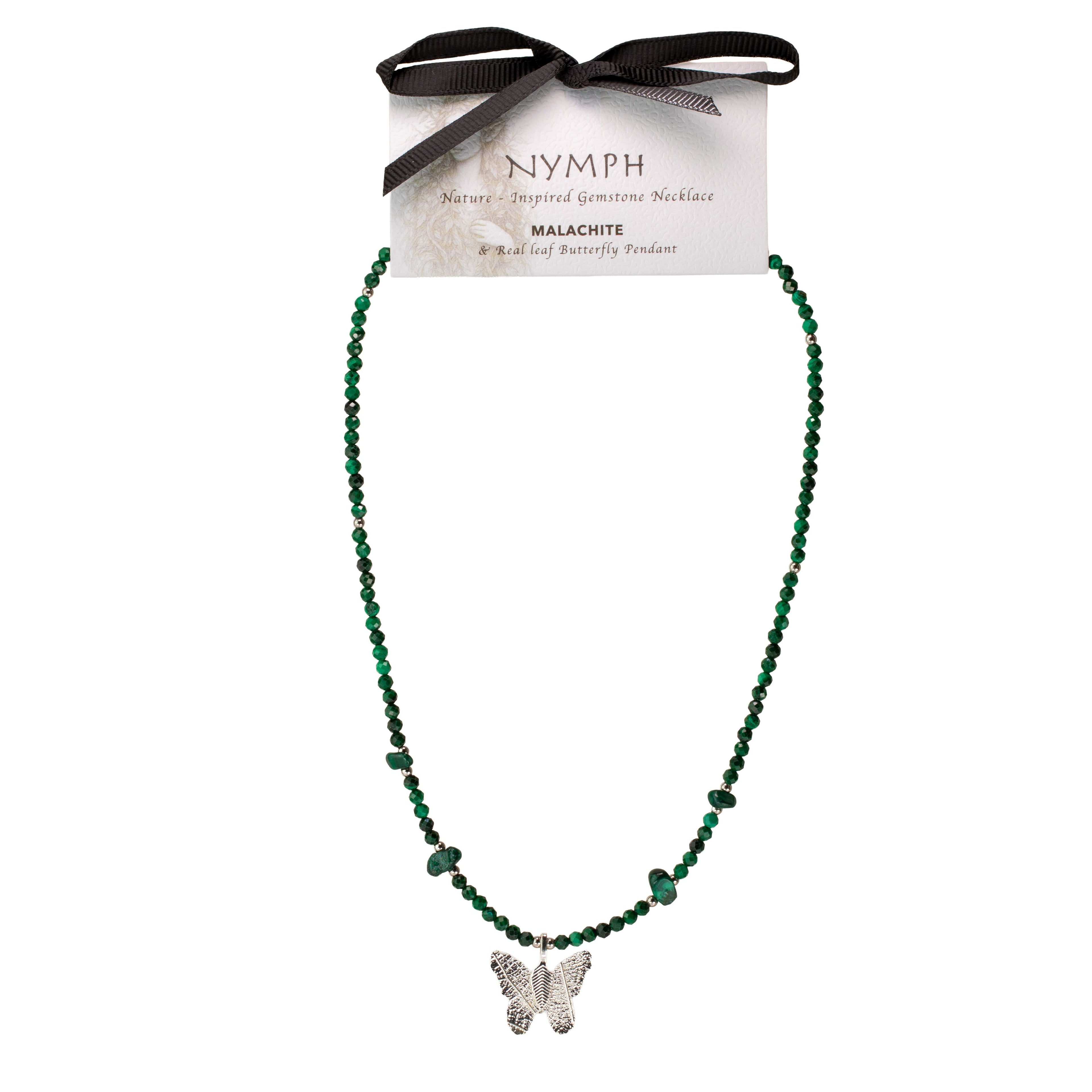 Collar de malaquita con gema de malaquita y colgante de mariposa con hoja real