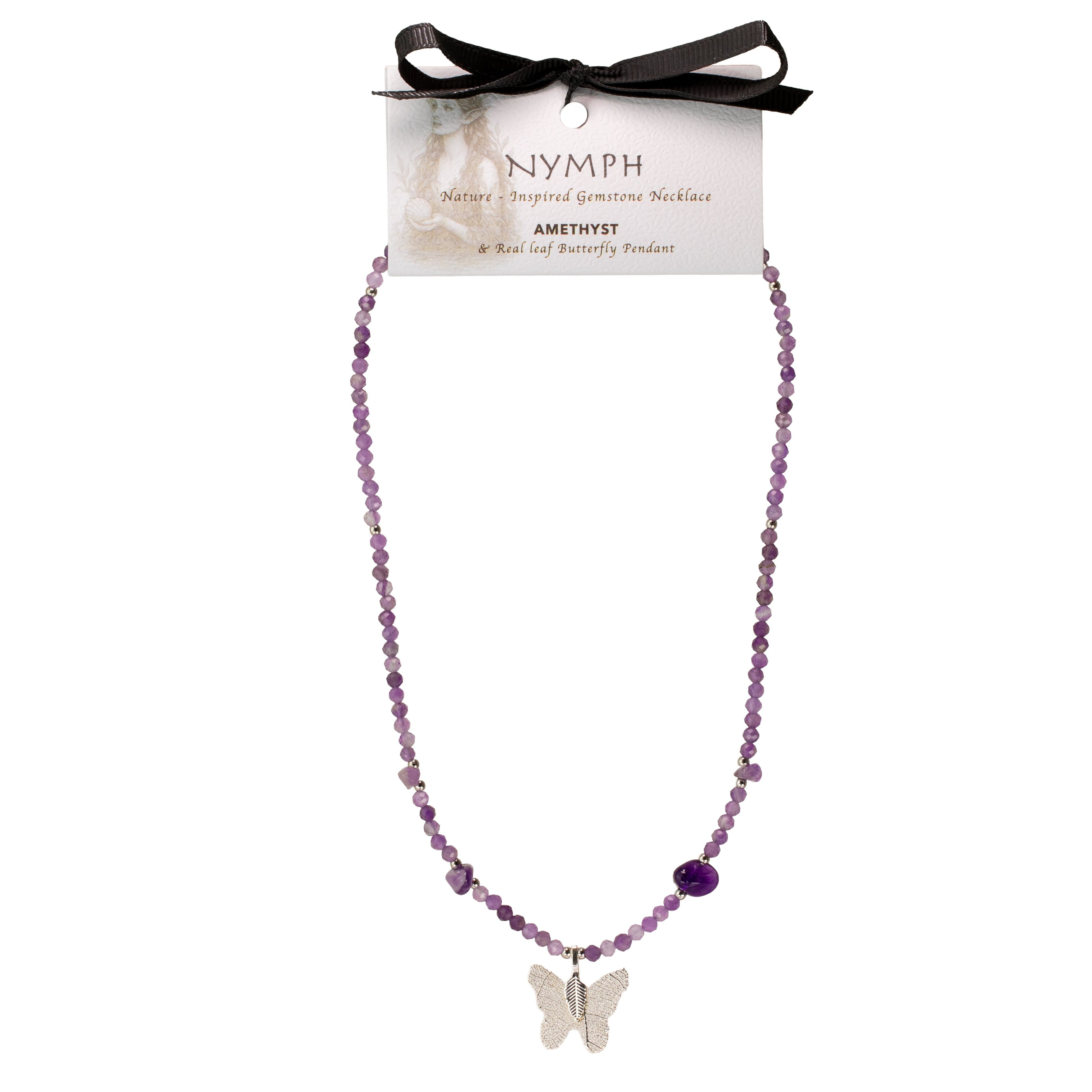Collar de amatista con gema y colgante de mariposa hecho de hoja real