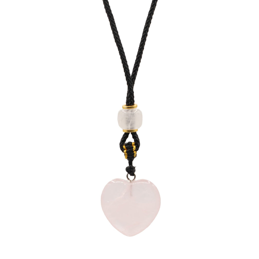 Collar de cuerda con colgante de piedra preciosa - corazón de cuarzo rosa