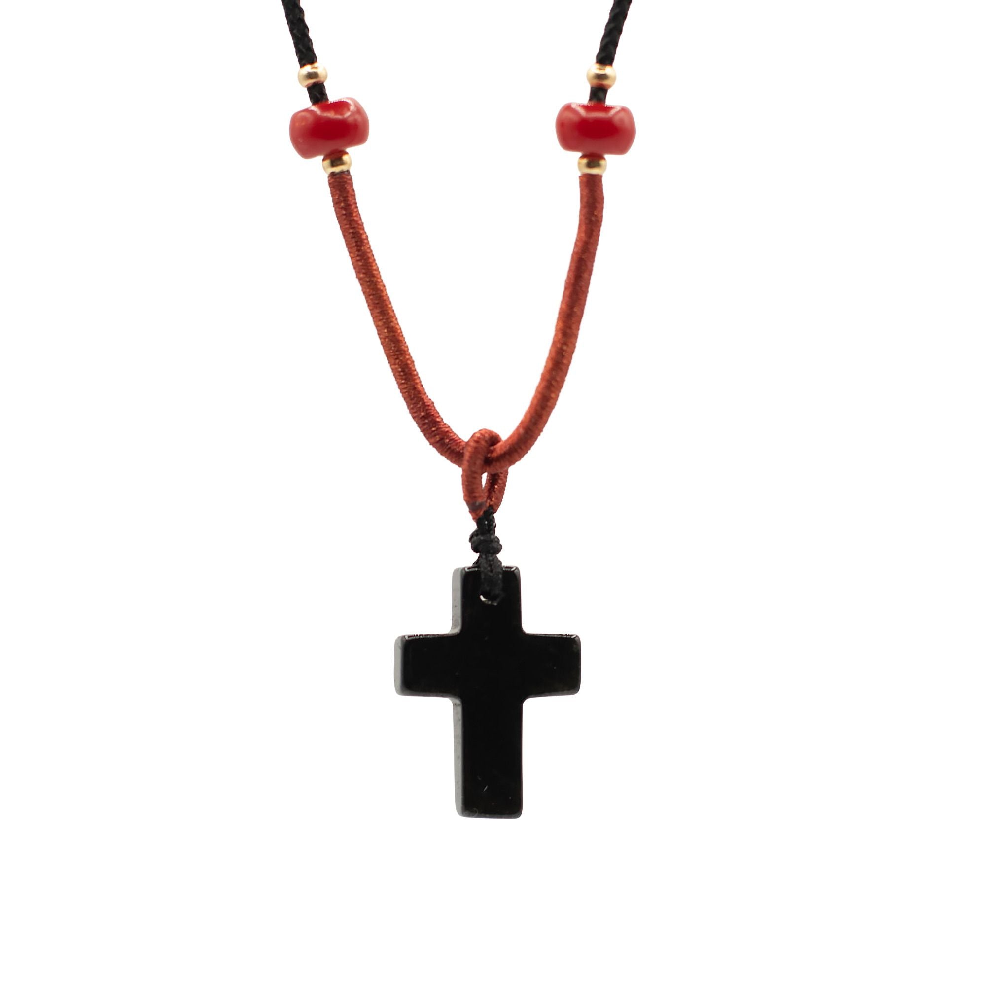 Collar de cordón con colgante de piedra preciosa - Cruz de ágata negra