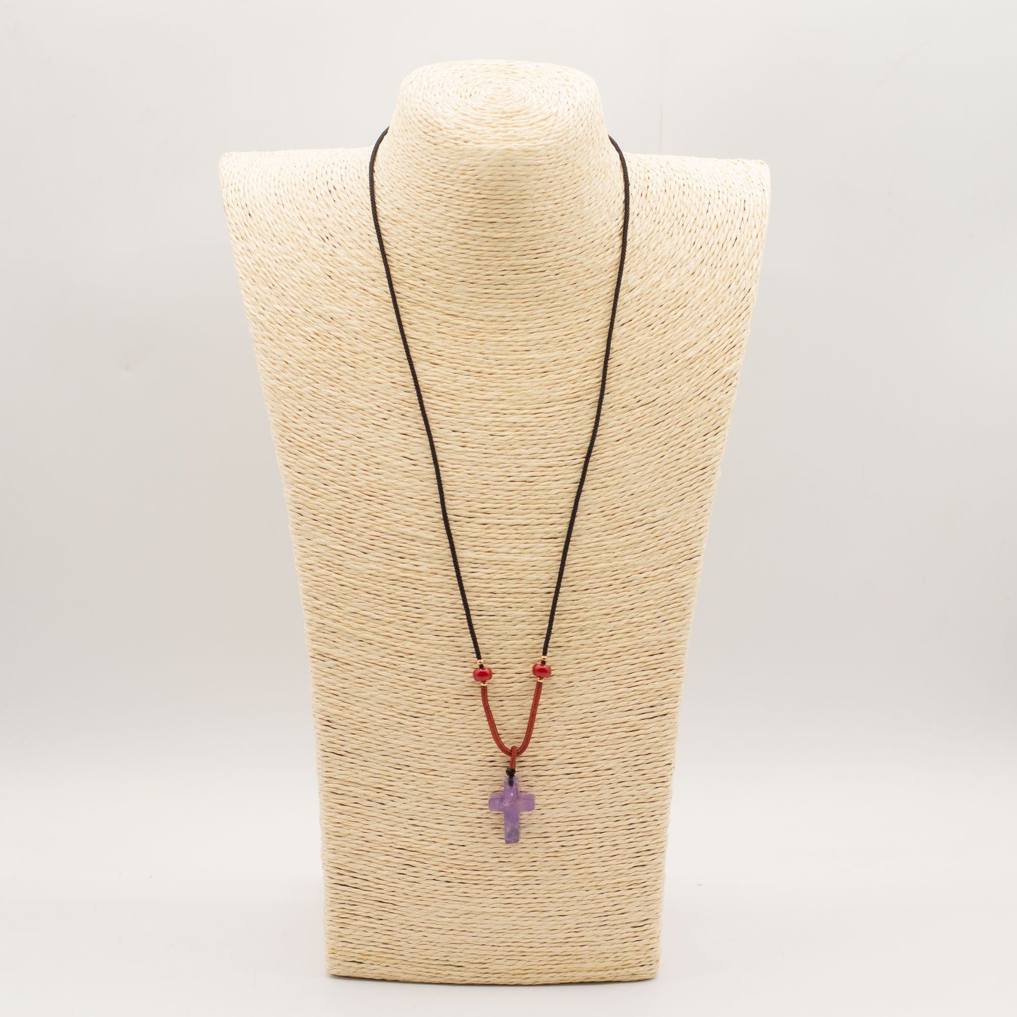 Collar de cuerda Colgante de Piedra Preciosa - Cruz de Amatista